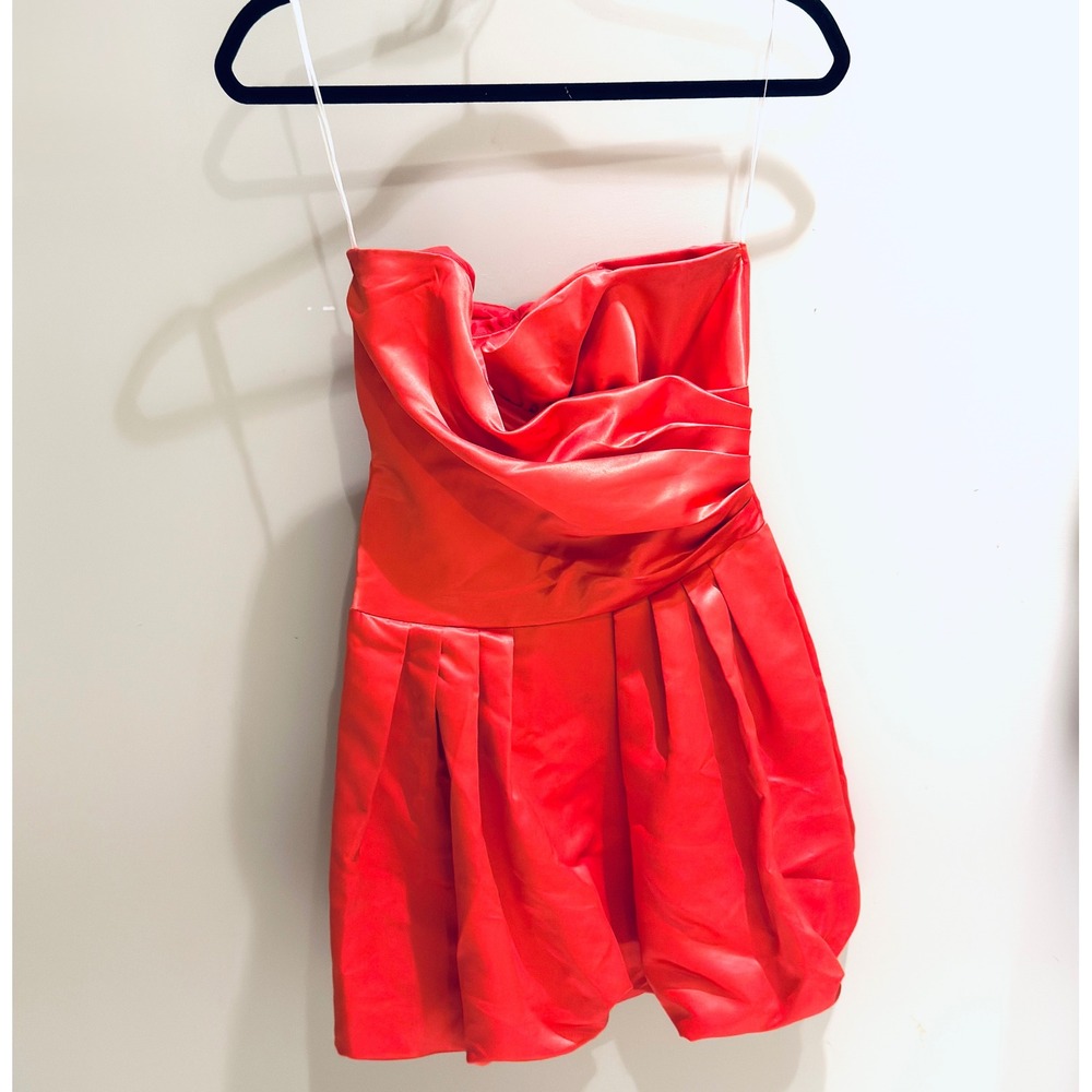 Vintage Cindy USA Orange Strapless Ruched‎ Pleated Bubble Hem Mini Dress Size S